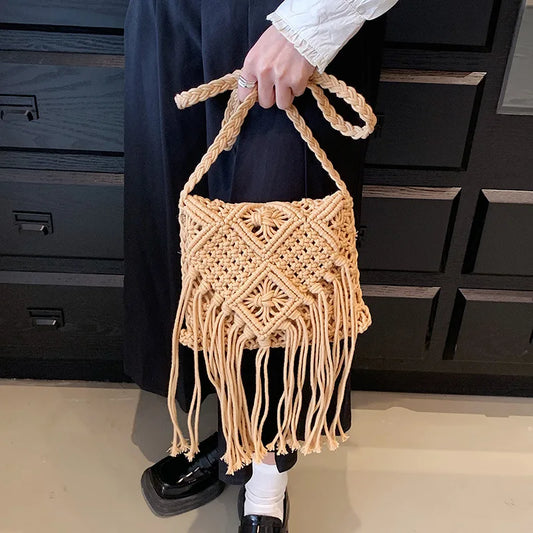 Crochet Fringe Straw Crossbody Bag
