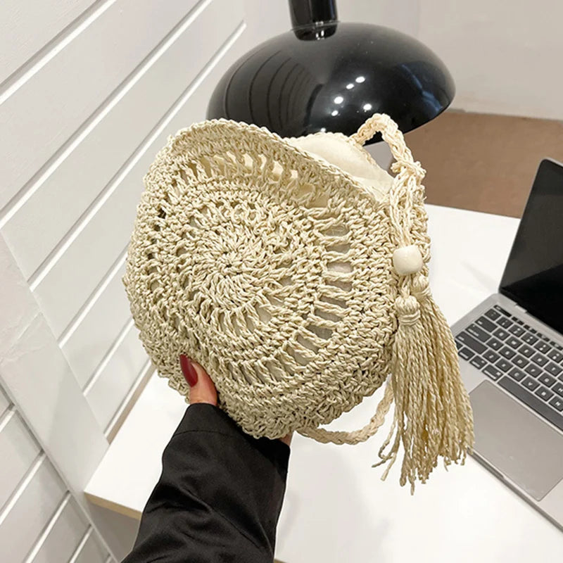 Sac à bandoulière rond en paille à motif floral