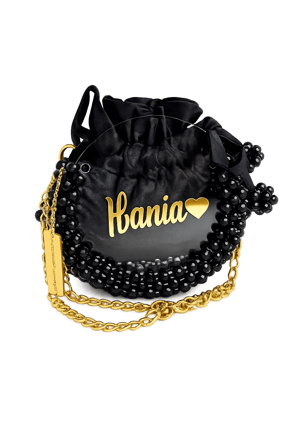 Black drawstring bag with gold chain and 'Hania' branding on a white background