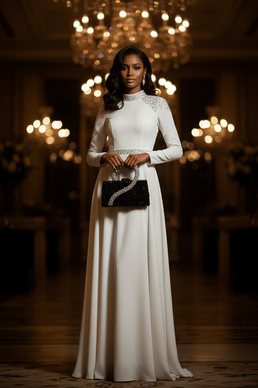 Obsidian Pearl Bag by Pearl & Tick — luxury black beaded handbag styled with elegance for glamorous evening looks.