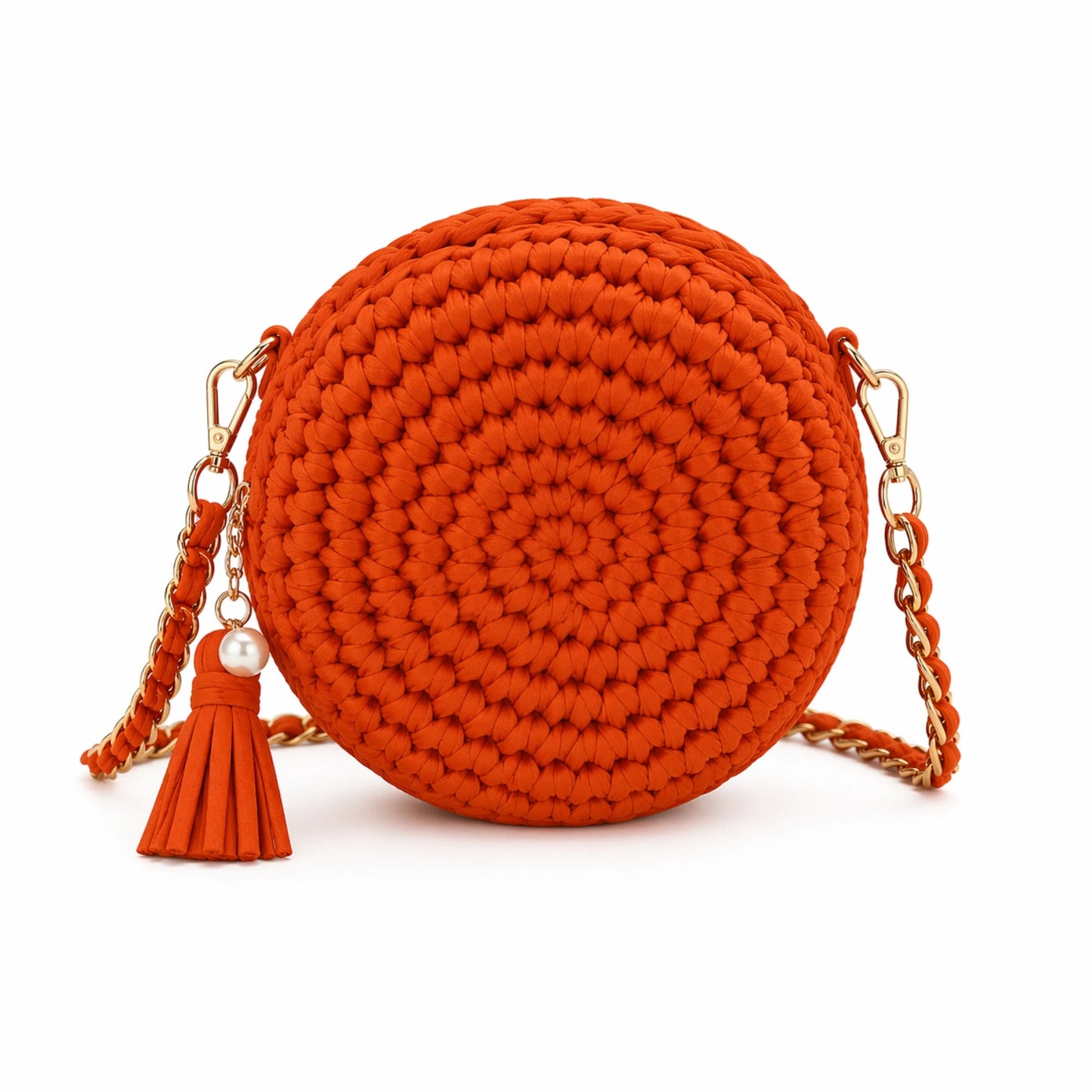 Pearl Signature Round Bag - Pearl & TickPearl Signature Round BagHandbagsPearl & TickPearl & TickPROUND-ORGOrangeElegant burnt orange woven crochet round bag with tassel detail on a white background, trendy handmade crossbody handbag for women, chic fashion style.
