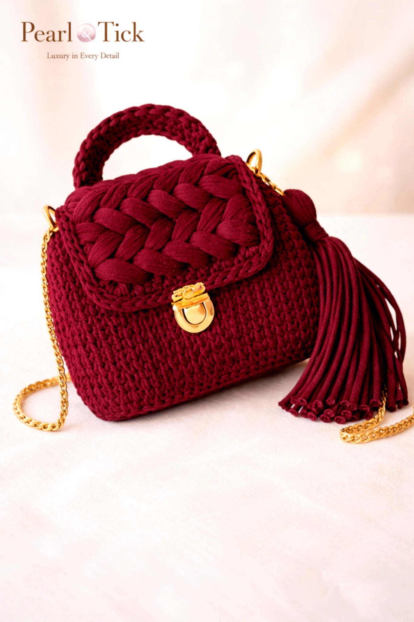 Sac à main tissé rouge avec une chaîne dorée et un pompon sur fond rose pâle, portant la marque « Pearl & Tick ».