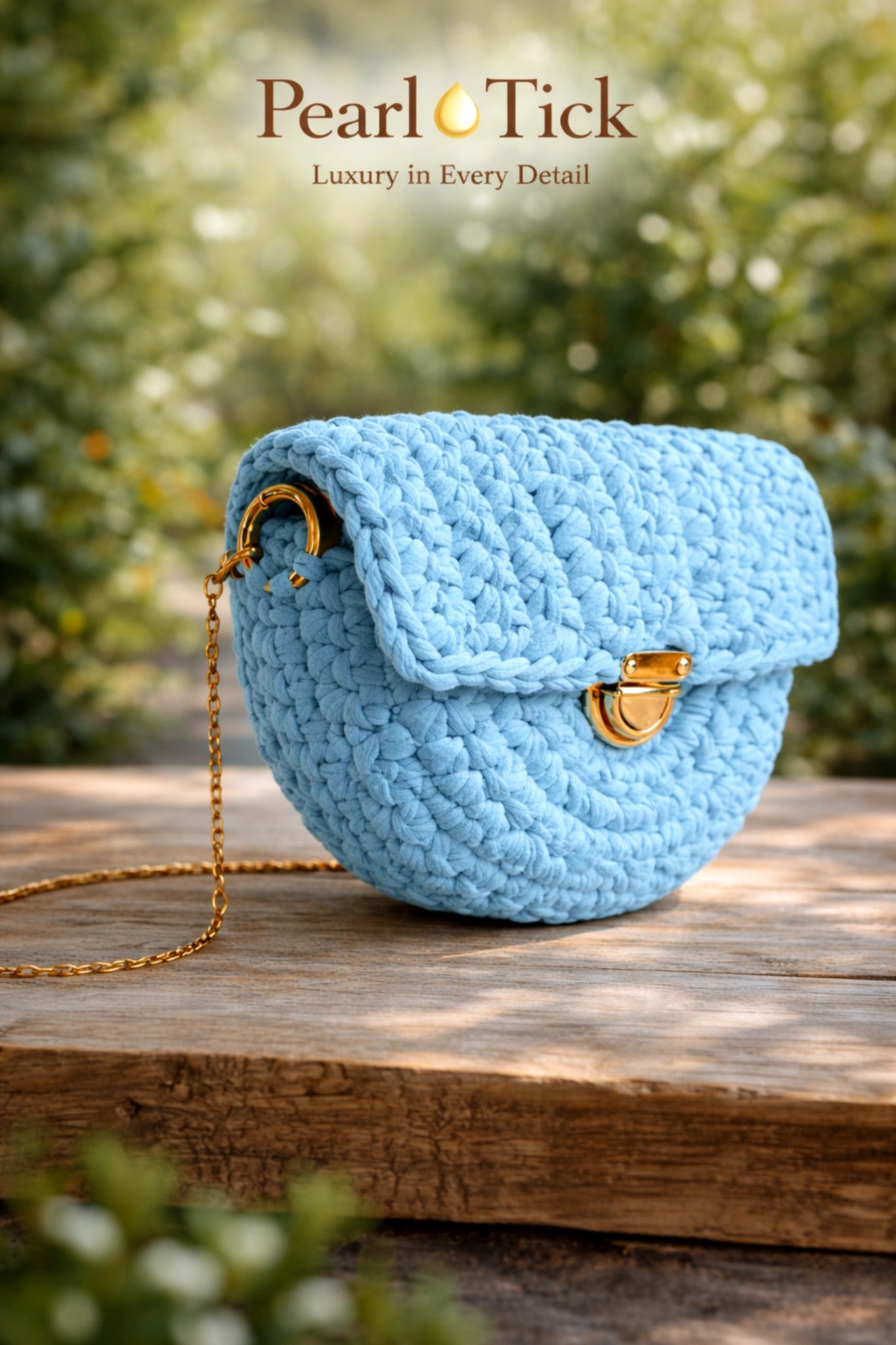 Light blue textured handbag with gold chain and clasp on a wooden surface with blurred greenery in the background.