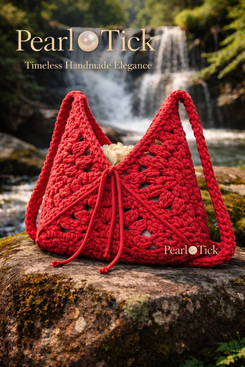 Sac à crocheter rouge posé sur un rocher, avec une cascade en arrière-plan, portant la marque « Pearl Tick ».