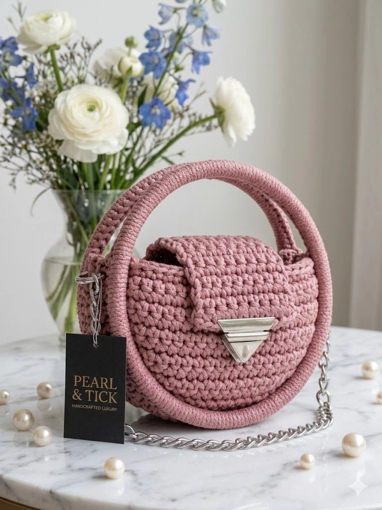 The Nacre Orb – Luxury Handcrafted Crochet Handbag | Pearl & Tick - Pearl & TickThe Nacre Orb – Luxury Handcrafted Crochet Handbag | Pearl & TickHandbagsPearl & TickPearl & TickNOR-BLP-001Blush PinkElegant pink handmade crochet bag, perfect for luxury evening events.