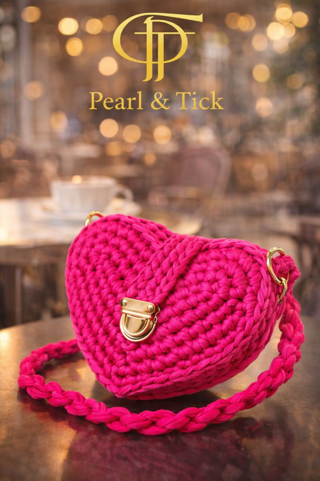 PT Sweetheart Bag – Pink heart-shaped handmade luxury bag with gold clasp by Pearl & Tick