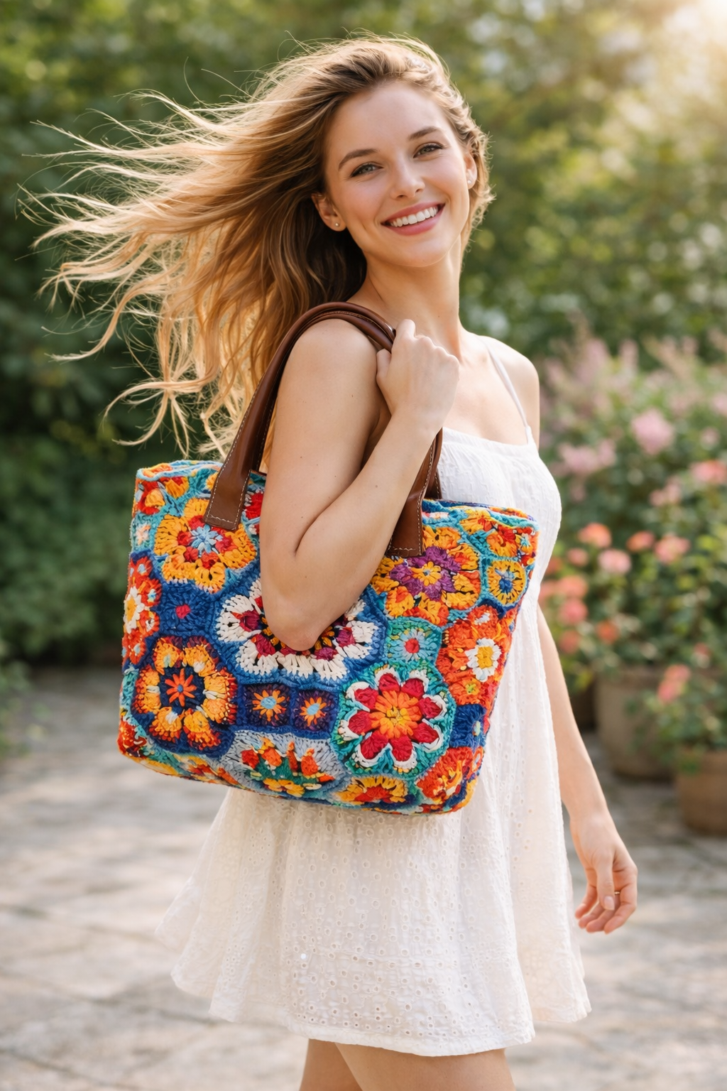 Boho Bloom Tote – Handmade crochet floral bag by Pearl & Tick