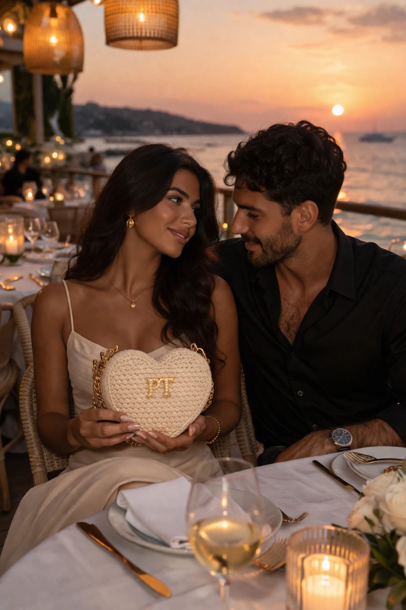 Couple lors d'un dîner romantique au bord de la mer au coucher du soleil.