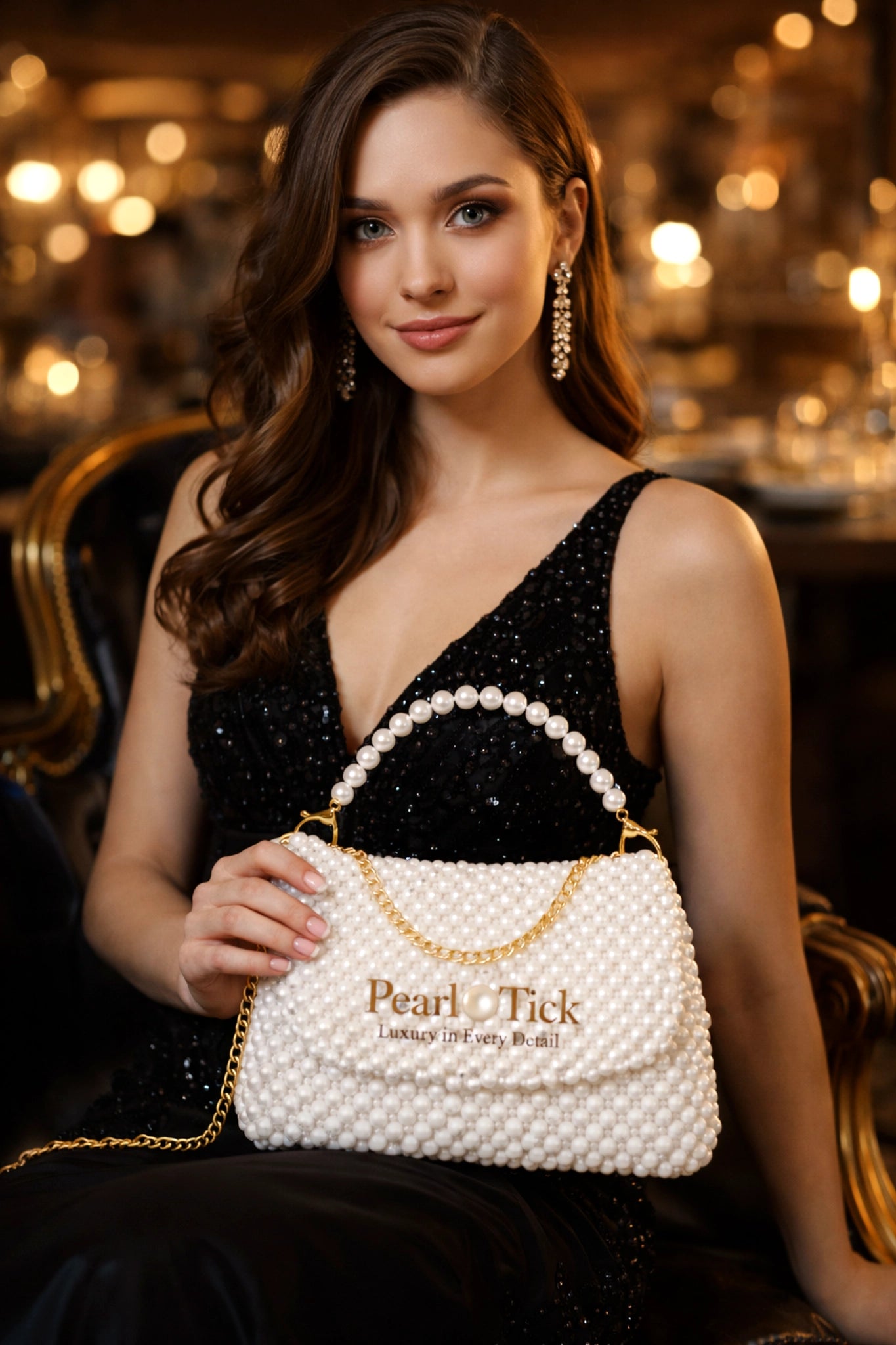 Donna che tiene una borsa con manico in perle con il marchio 'Pearl & Tick' in un ambiente elegante.
