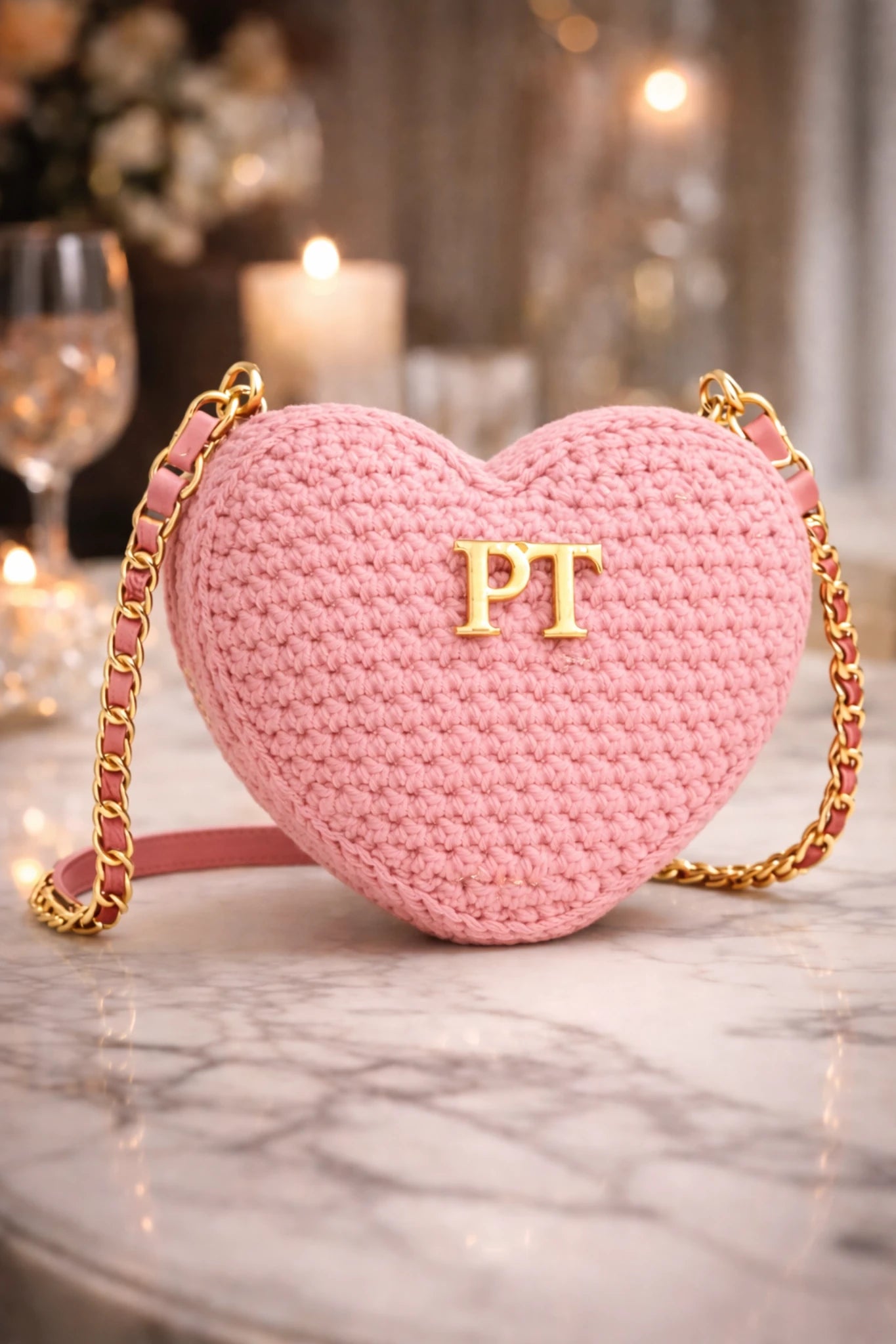 Sac en crochet rose en forme de cœur avec chaîne dorée et initiales sur une surface en marbre.