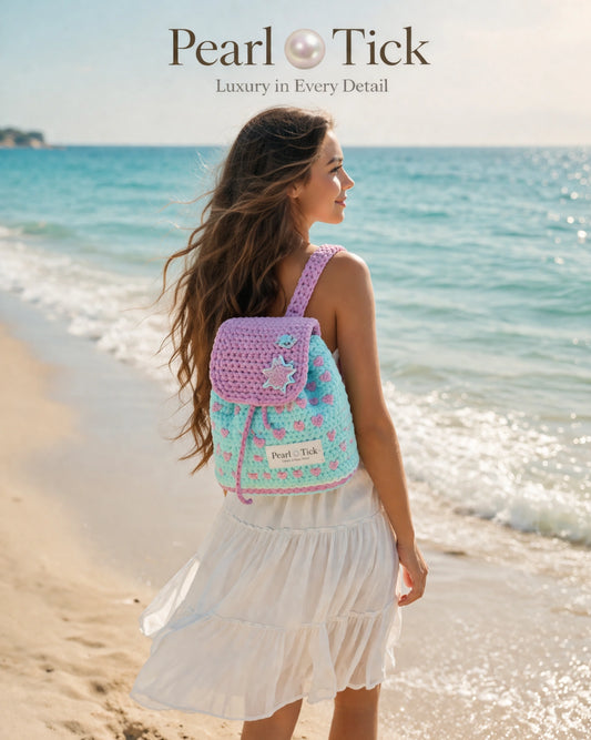 Woman with a colorful backpack on a beach, featuring the Pearl Tick brand.