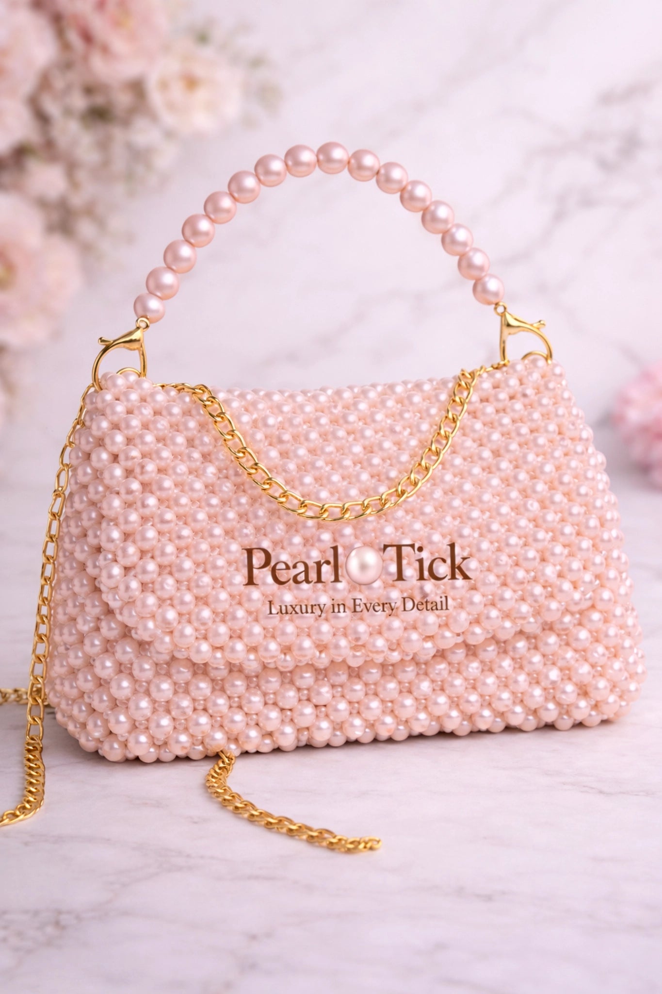 Borsa rosa con manico in madreperla e catena dorata su sfondo chiaro