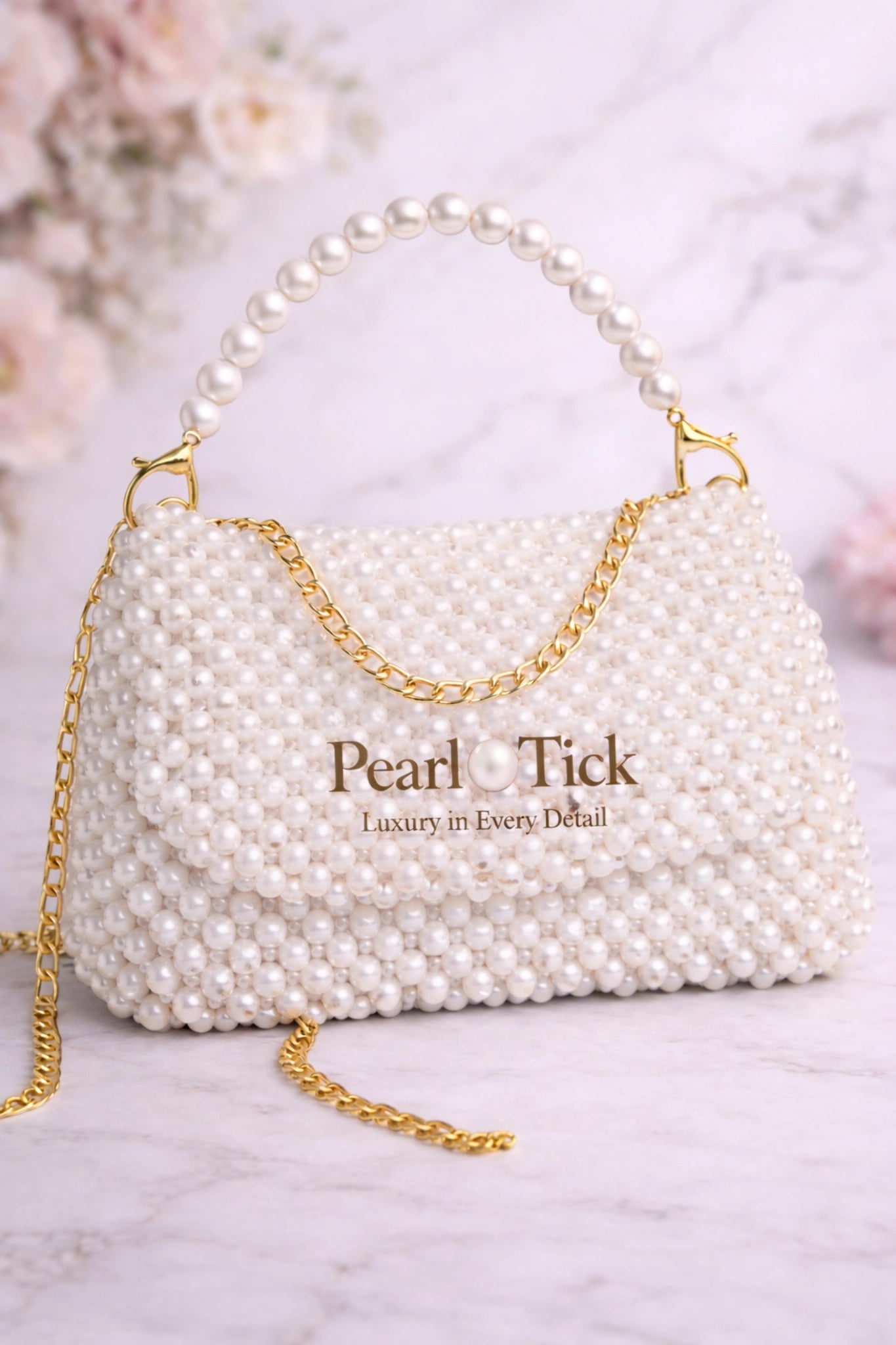 Borsa con manici in madreperla e logo "Pearl Tick" su sfondo chiaro