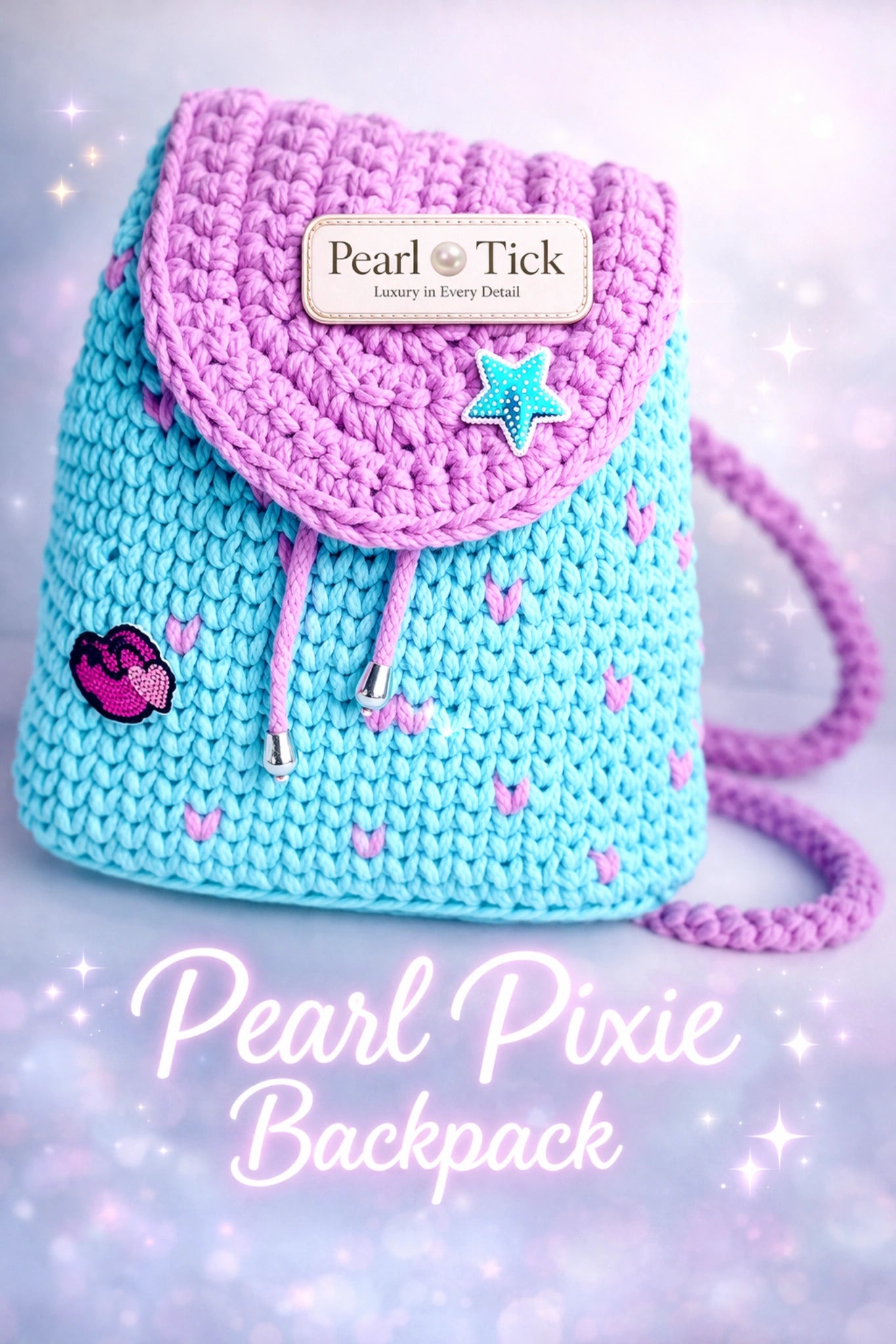 Crocheted backpack with pink top and blue body, featuring a brand label, on a light background.