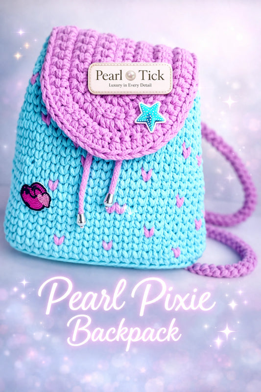 Crocheted backpack with pink top and blue body, featuring a brand label, on a light background.