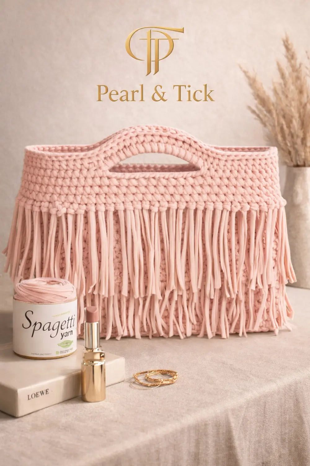 Pink woven basket with a container labeled 'Spagetti' and a perfume bottle on a neutral background.
