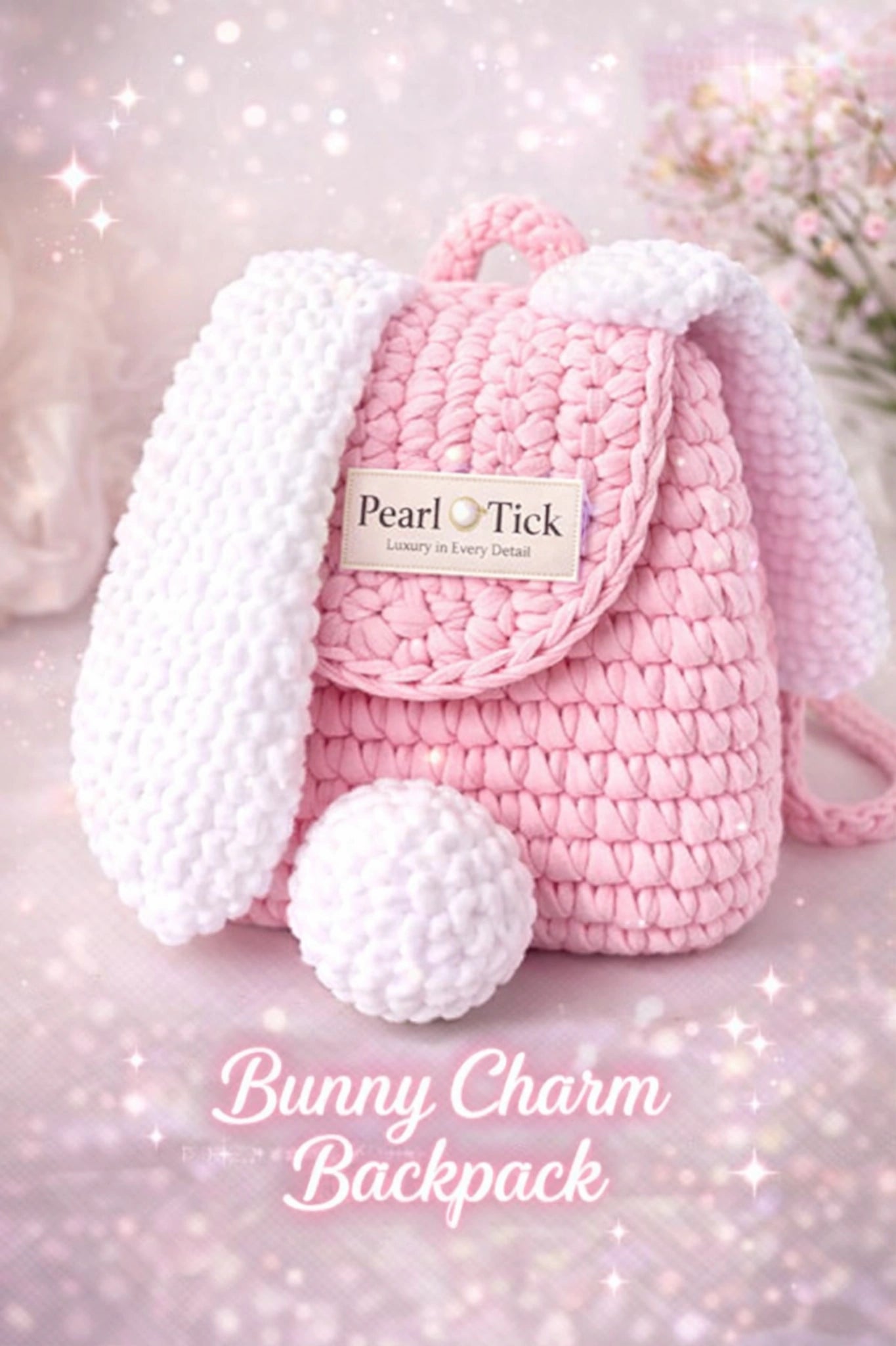 Zaino all'uncinetto rosa con orecchie da coniglio e una pallina, con il marchio «Pearl Tick» su uno sfondo rosa tenue.