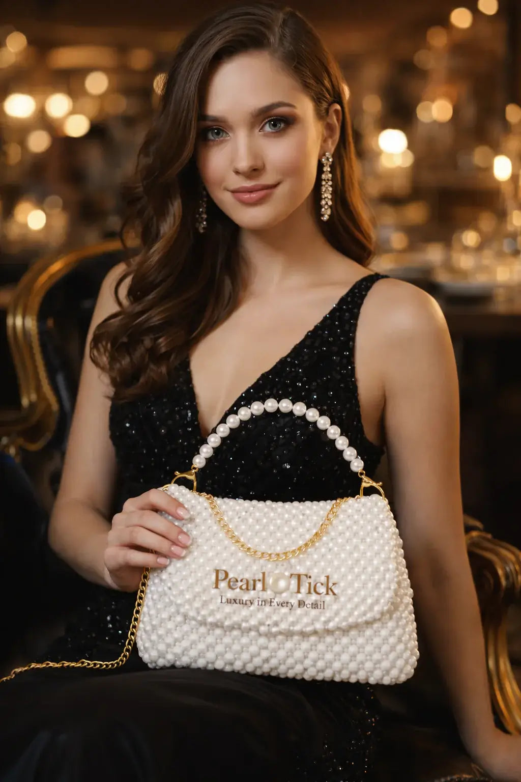 Femme tenant un sac à main avec une poignée en perles et la marque « Pearl & Tick » dans un cadre élégant.