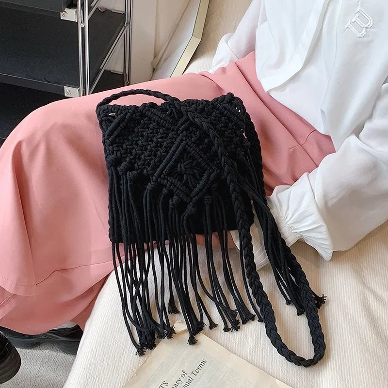 Crochet Fringe Straw Crossbody Bag