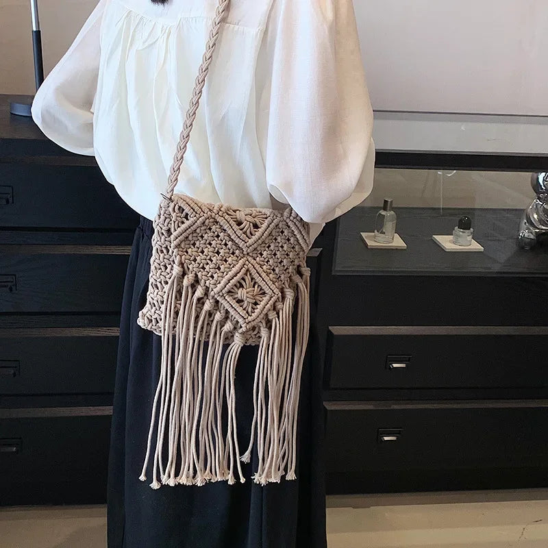 Crochet Fringe Straw Crossbody Bag