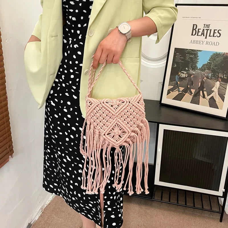 Crochet Fringe Straw Crossbody Bag