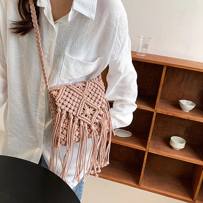 Crochet Fringe Straw Crossbody Bag
