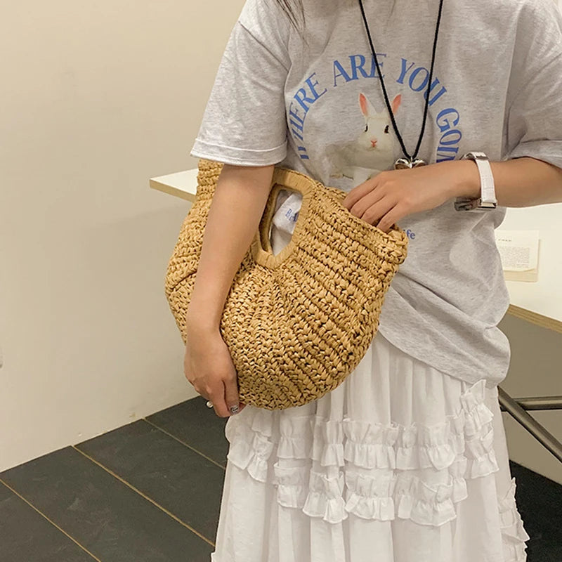 Borsa tote a mezzaluna in rattan