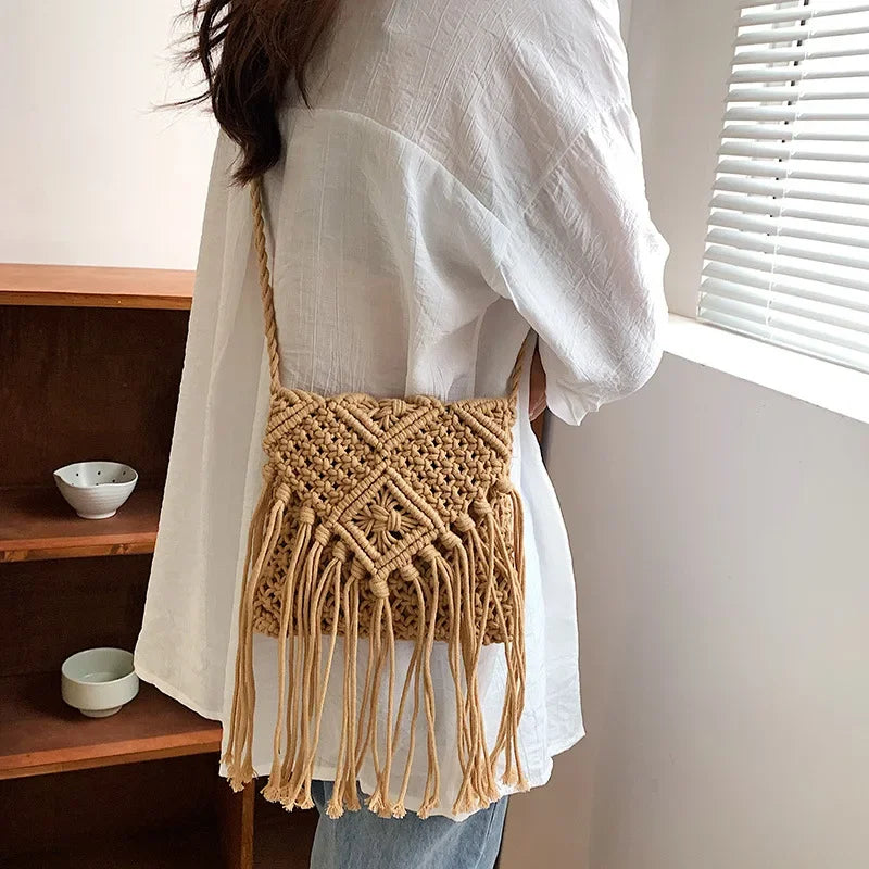 Crochet Fringe Straw Crossbody Bag