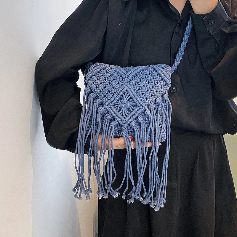 Crochet Fringe Straw Crossbody Bag