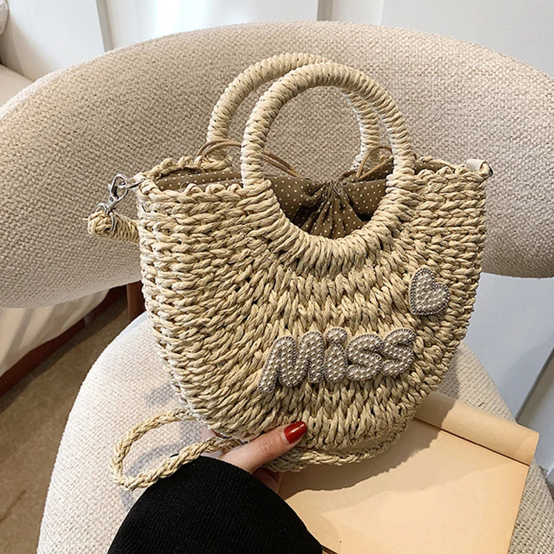 Woven handbag with decorative elements on a chair