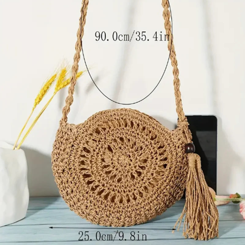 Sac à bandoulière rond en paille à motif floral