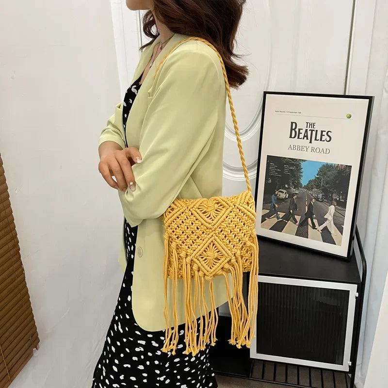 Crochet Fringe Straw Crossbody Bag