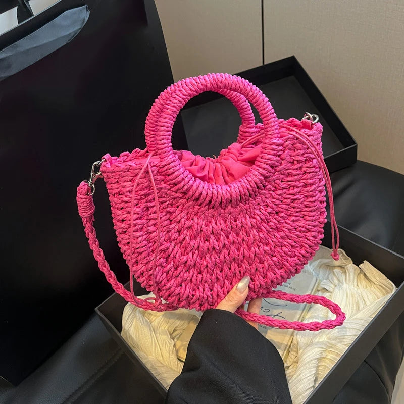 Sac seau en rotin demi-lune bandoulière