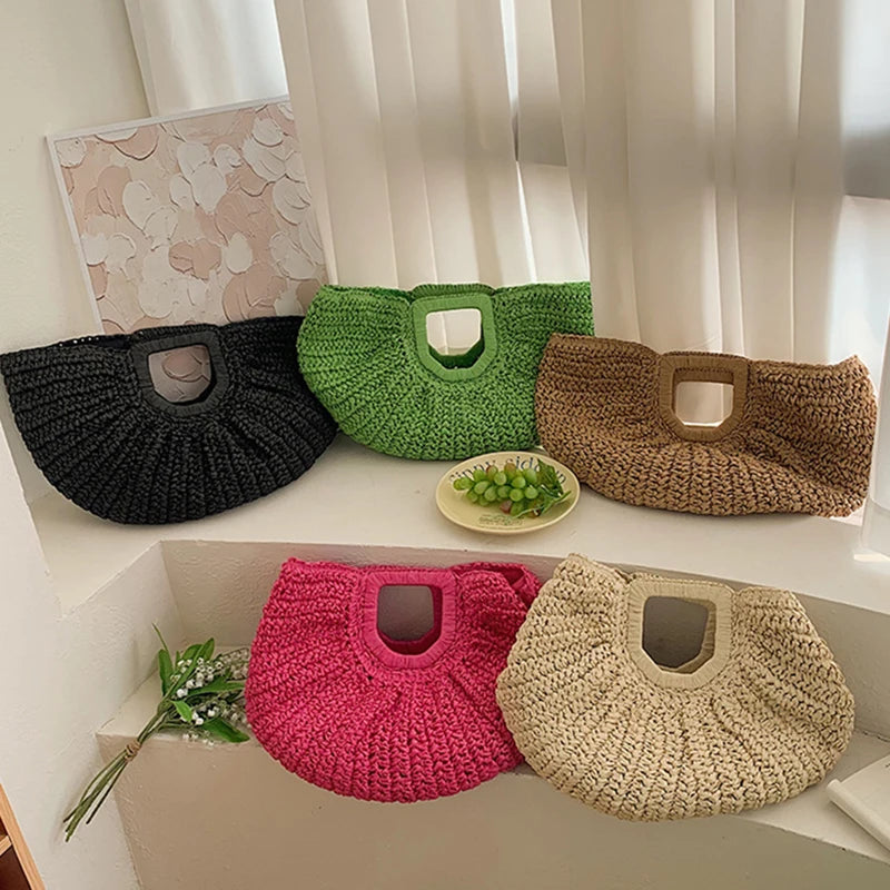 Borsa tote a mezzaluna in rattan