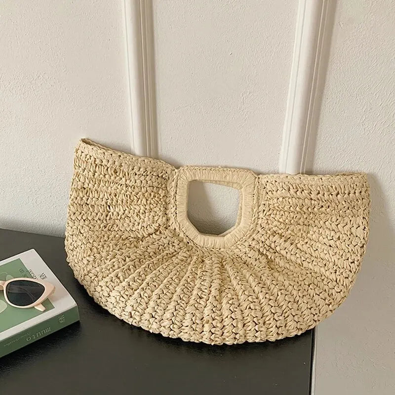 Borsa tote a mezzaluna in rattan