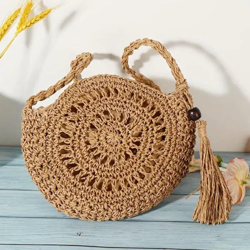Sac à bandoulière rond en paille à motif floral