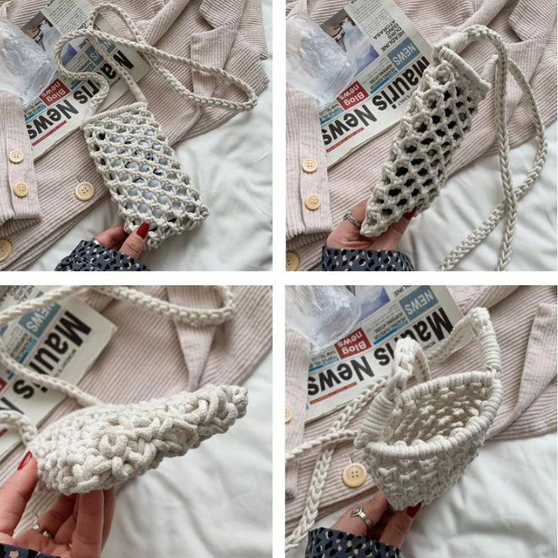 Sac de téléphone bandoulière en paille tressée