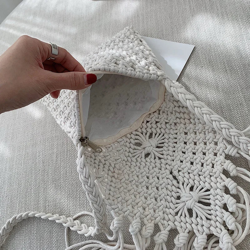 Crochet Fringe Straw Crossbody Bag