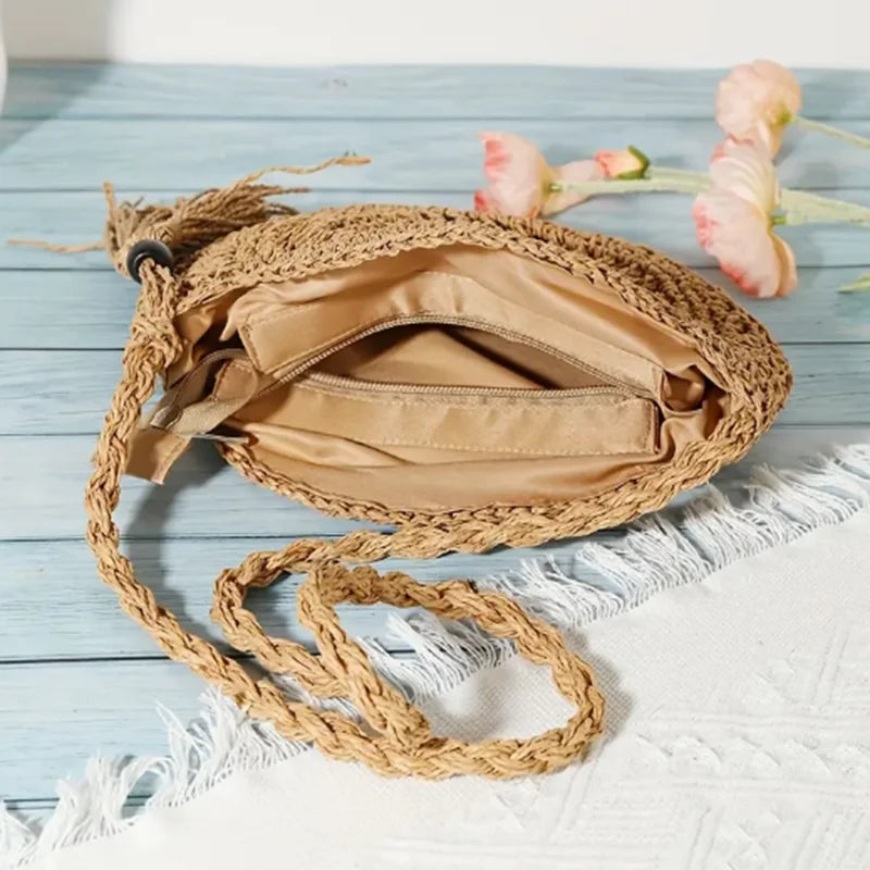 Sac à bandoulière rond en paille à motif floral