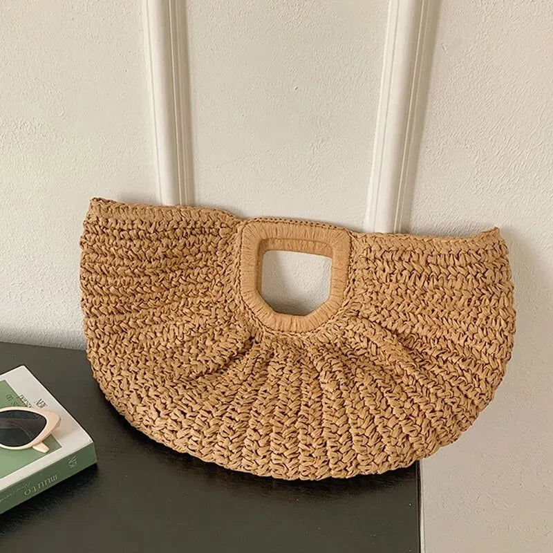 Borsa tote a mezzaluna in rattan