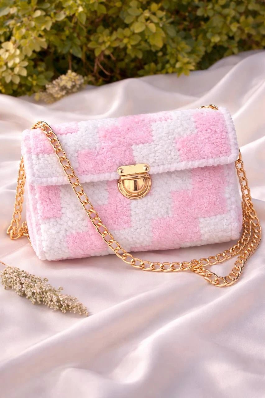 Blush Charm Bag - Pearl & TickBlush Charm BagHandbagsPearl & TickPearl & TickBLUSH-PNKPinkLuxury pink and white checkered handmade handbag with premium gold chain on a soft white fabric background - Pearl & Tick Collection