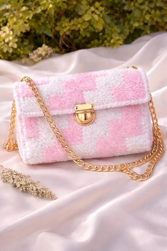 Blush Charm Bag - Pearl & TickBlush Charm BagHandbagsPearl & TickPearl & TickBLUSH-PNKPinkLuxury pink and white checkered handmade handbag with premium gold chain on a soft white fabric background - Pearl & Tick Collection