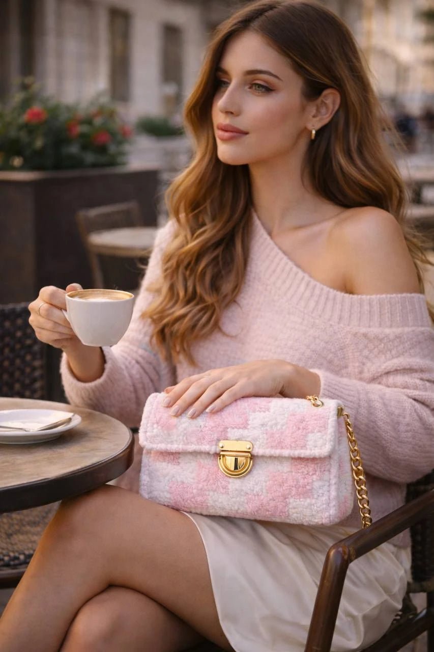 Blush Charm Bag - Pearl & TickBlush Charm BagHandbagsPearl & TickPearl & TickBLUSH-PNKPinkElegant woman in a pink sweater holding a cup and a Pearl & Tick handmade pink crochet handbag outdoors