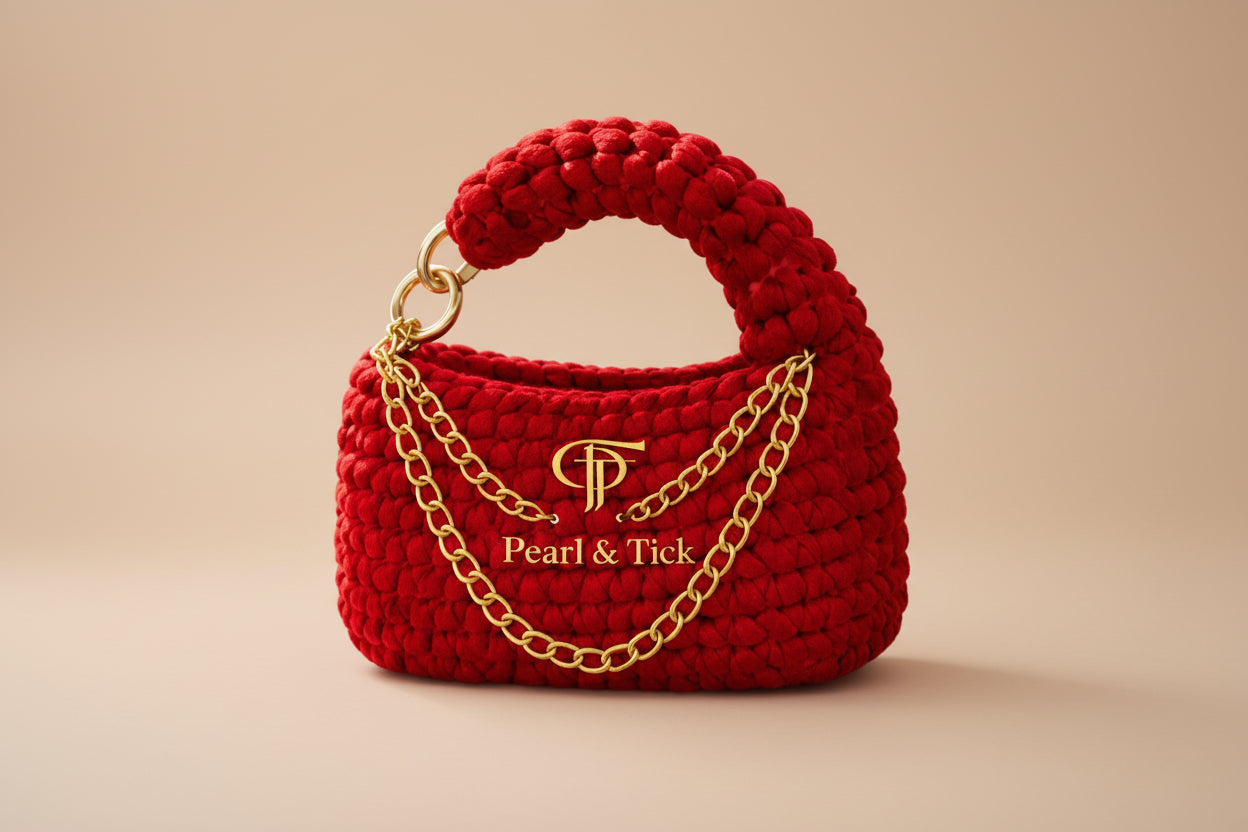 Borsa rossa con catena dorata e logo 'Pearl & Tick' su sfondo chiaro