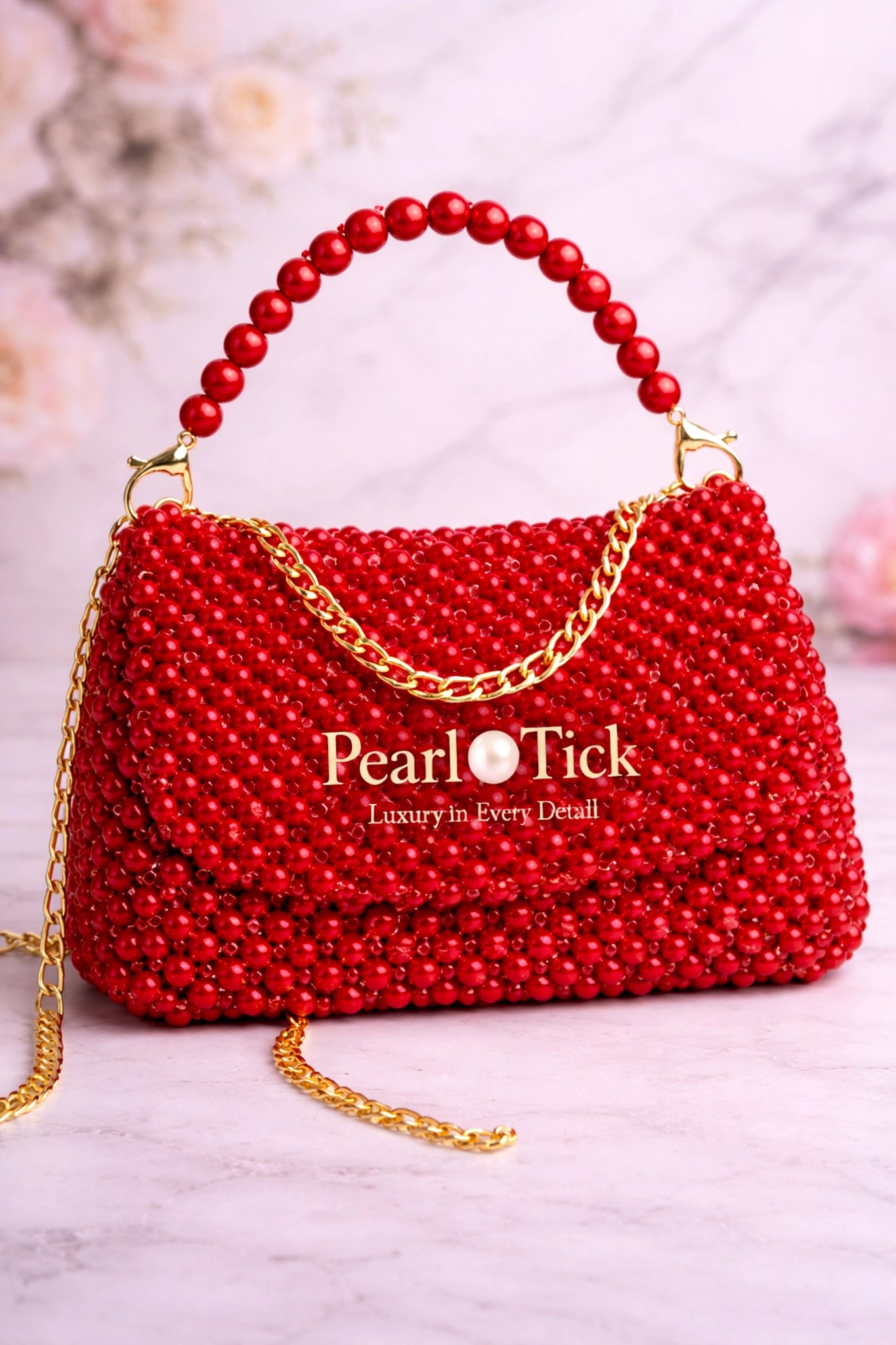 Borsa a mano con perline rosse e manico a catena dorata su una superficie in marmo, con il marchio «Pearl Tick».