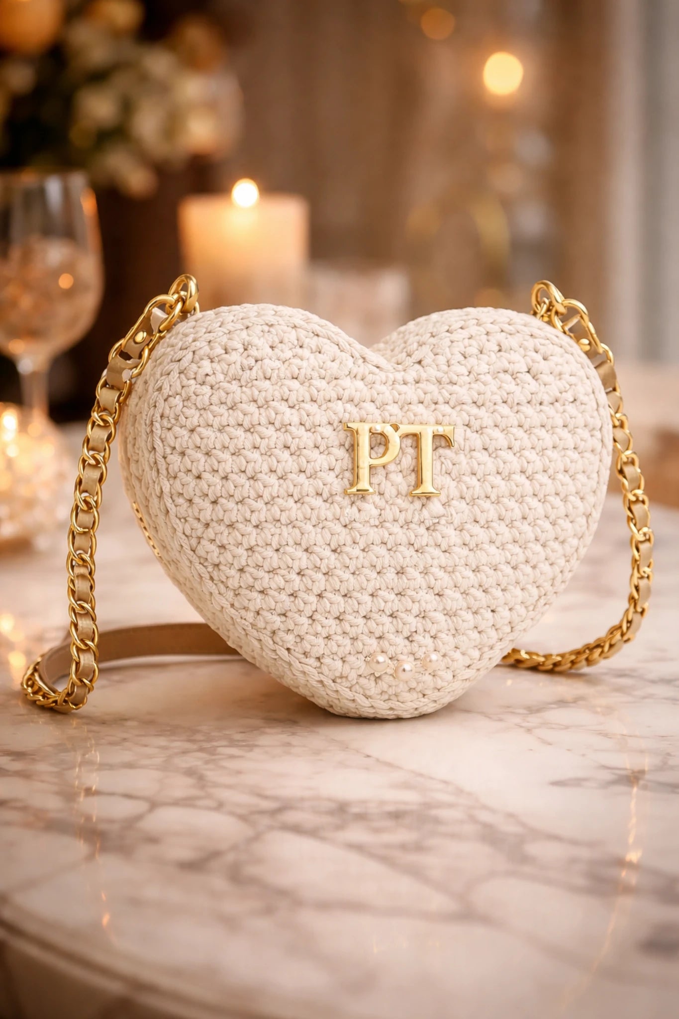 Sac à main blanc en forme de cœur avec chaîne dorée et initiales 'PT' sur une surface en marbre.