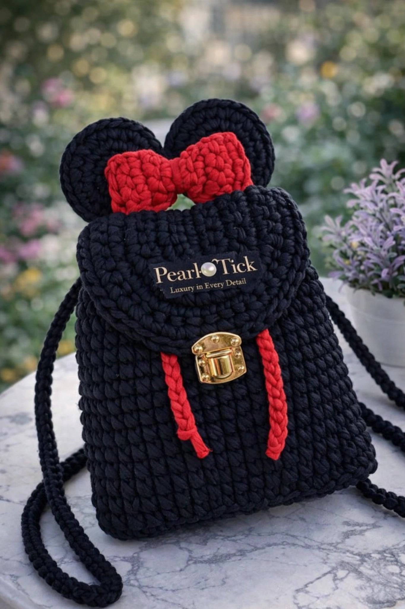 Black knitted bag with red bow and gold buckle on a marble surface with blurred greenery in the background