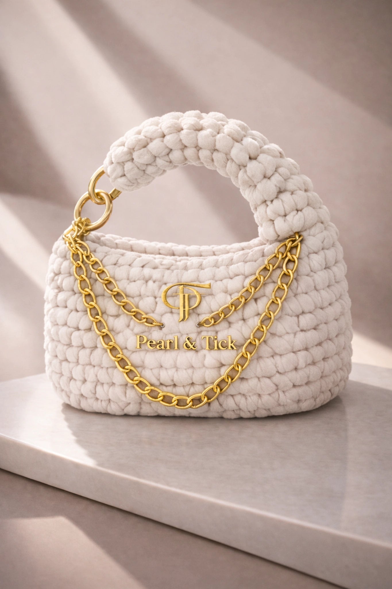 Borsa bianca testurizzata con catena dorata e logo 'Pearl & Trick' su sfondo chiaro