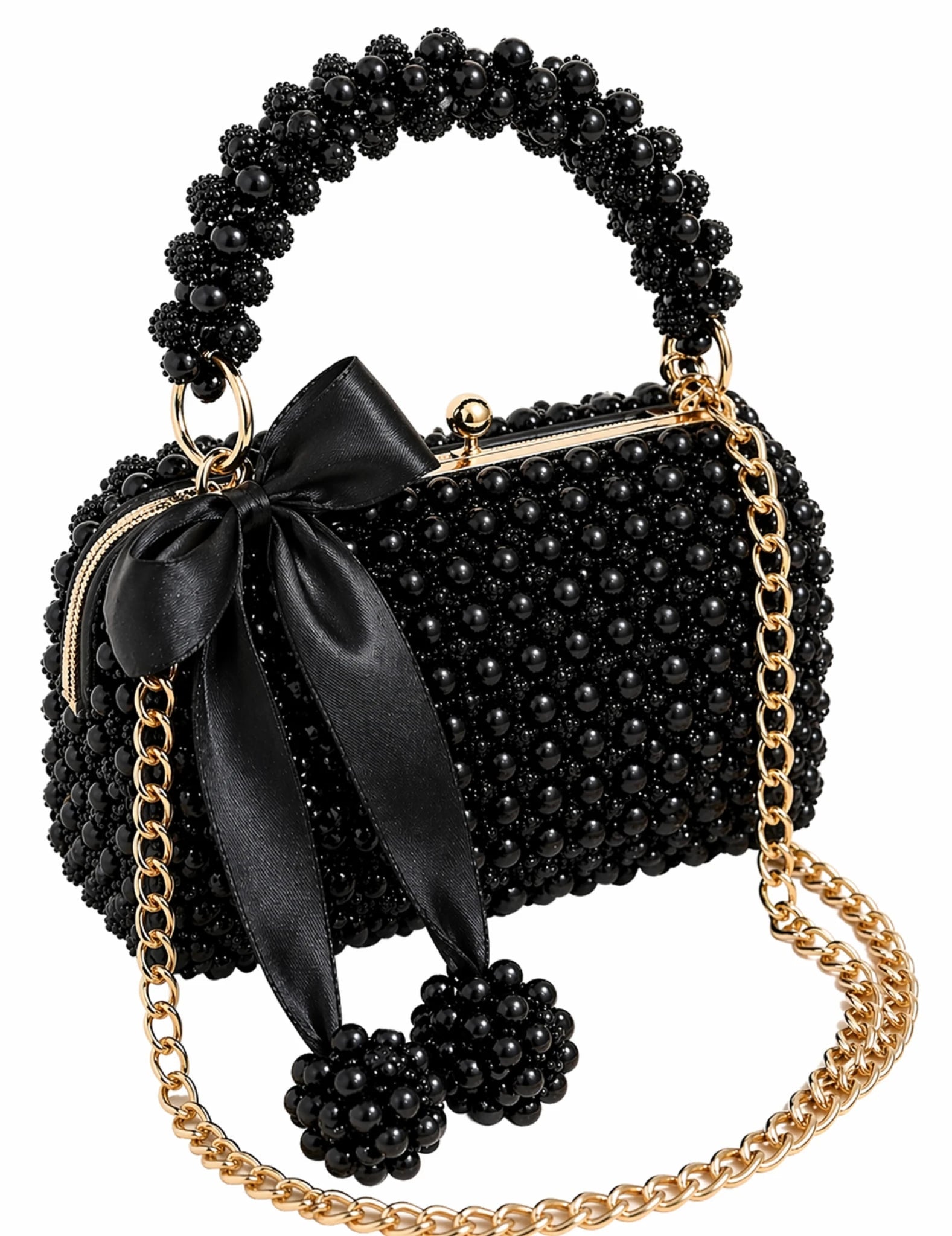 Ivory Pearl Luxury Handbag - Pearl & TickIvory Pearl Luxury HandbagHandbagsPearl & TickPearl & TickIVORY-BLKBlackElegant black beaded handbag featuring a satin bow and gold chain strap on a clean white background.