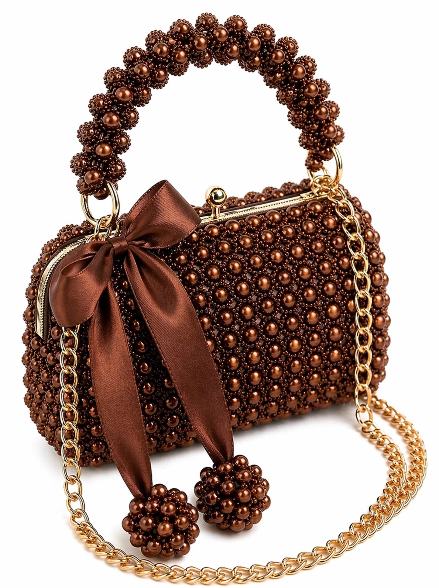 Ivory Pearl Luxury Handbag - Pearl & TickIvory Pearl Luxury HandbagHandbagsPearl & TickPearl & TickIVORY-BRNBrownElegant brown beaded handbag featuring a satin bow and chain detail on a clean white background.
